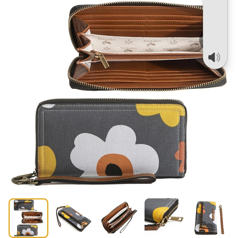 Floral Gray Wallet with Yellow Accents Above Info Dust Cover Free Keychain